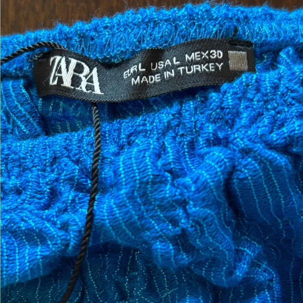 ZARA Cobalt Blue Textured Balloon Puff Sleeve Crop Top Boho Size Large NWT - Picture 6 of 11